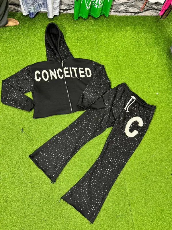 Rhinestones Cutted Bottom Hoodies and Pants