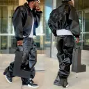 Zip up Leather Jacket and Pu Stacked Flare Pants