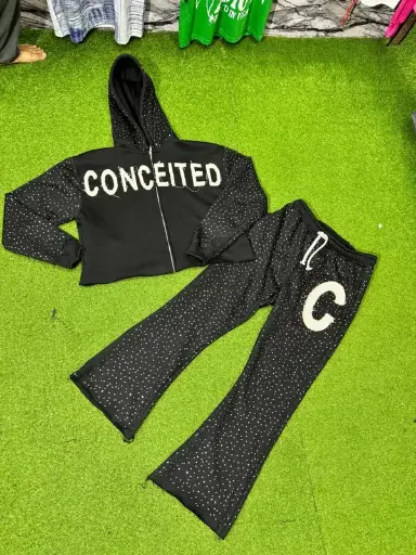 Rhinestones Cutted Bottom Hoodies and Pants