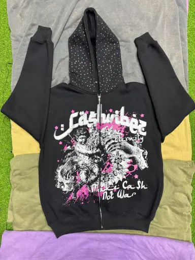 Custom Zip Up Hoodies With Screen Print & Rhinestones