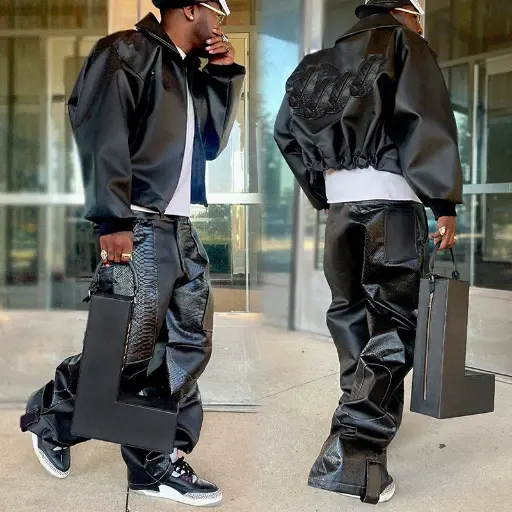 Zip up Leather Jacket and Pu Stacked Flare Pants